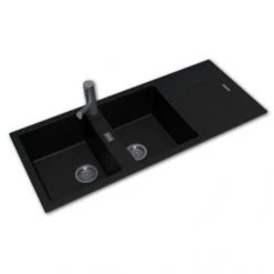 ARETE Black Granite Quartz Stone Double Kitchen Sink With Drainboard 1160x500mm