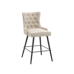 Will Barstool In Fabric Seatpad With Brass Gold Studs And Handles - Beige