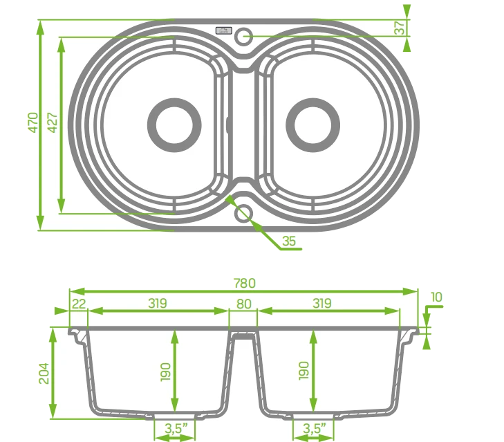 Laveo 470*780*204mm Beige Granite Stone Sink Double Bowls 4 Laveo 470*780*204mm Beige Granite Stone Sink Double Bowls - Image 2