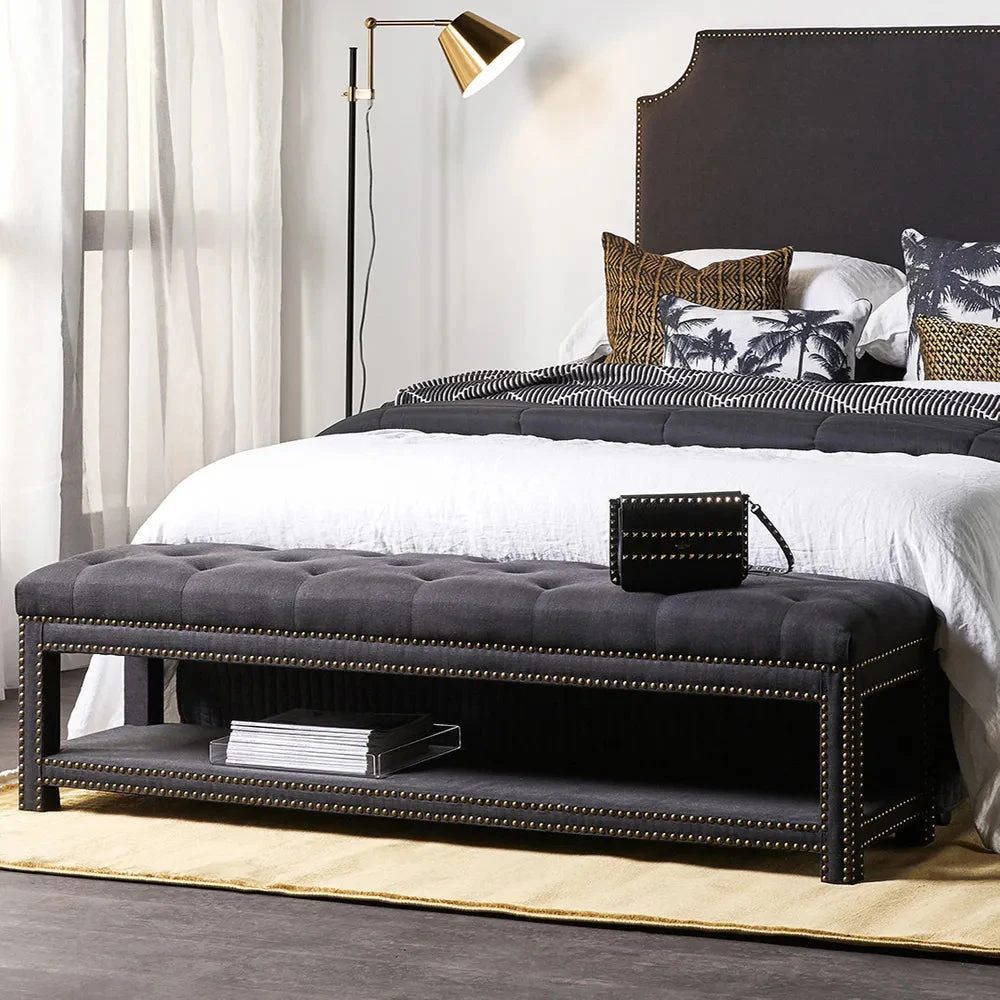 Serena Tufted Bench Ottoman - Black Linen 4 Serena Tufted Bench Ottoman - Black Linen - Image 2